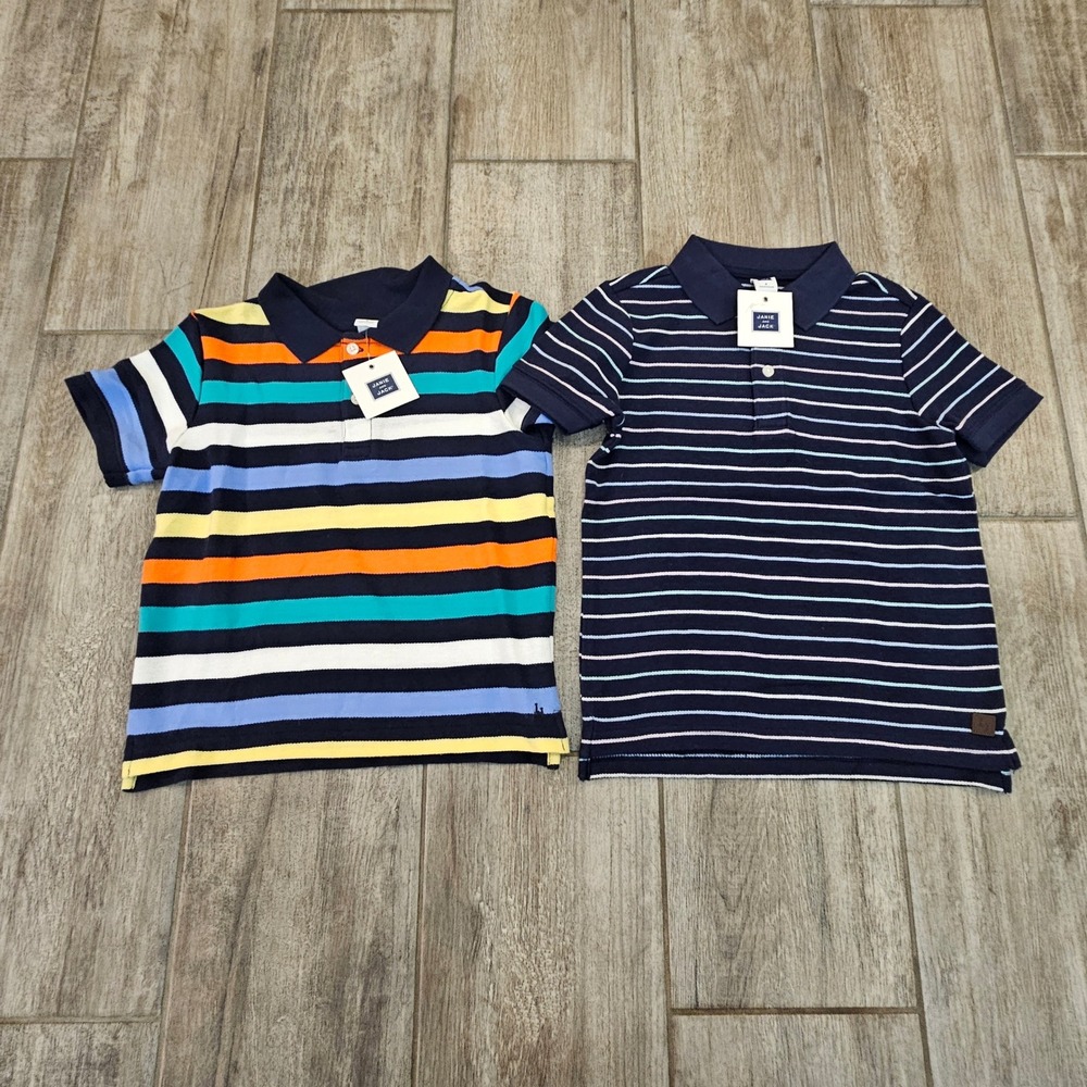 Janie and Jack Polo Shirts Kids Size 4 Lot of 2 NEW Navy Striped Preppy Church